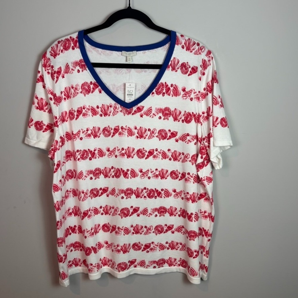 NEW Talbots Womens 100% Cotton Red Shell typed contrast v-neck nautical tee 3X